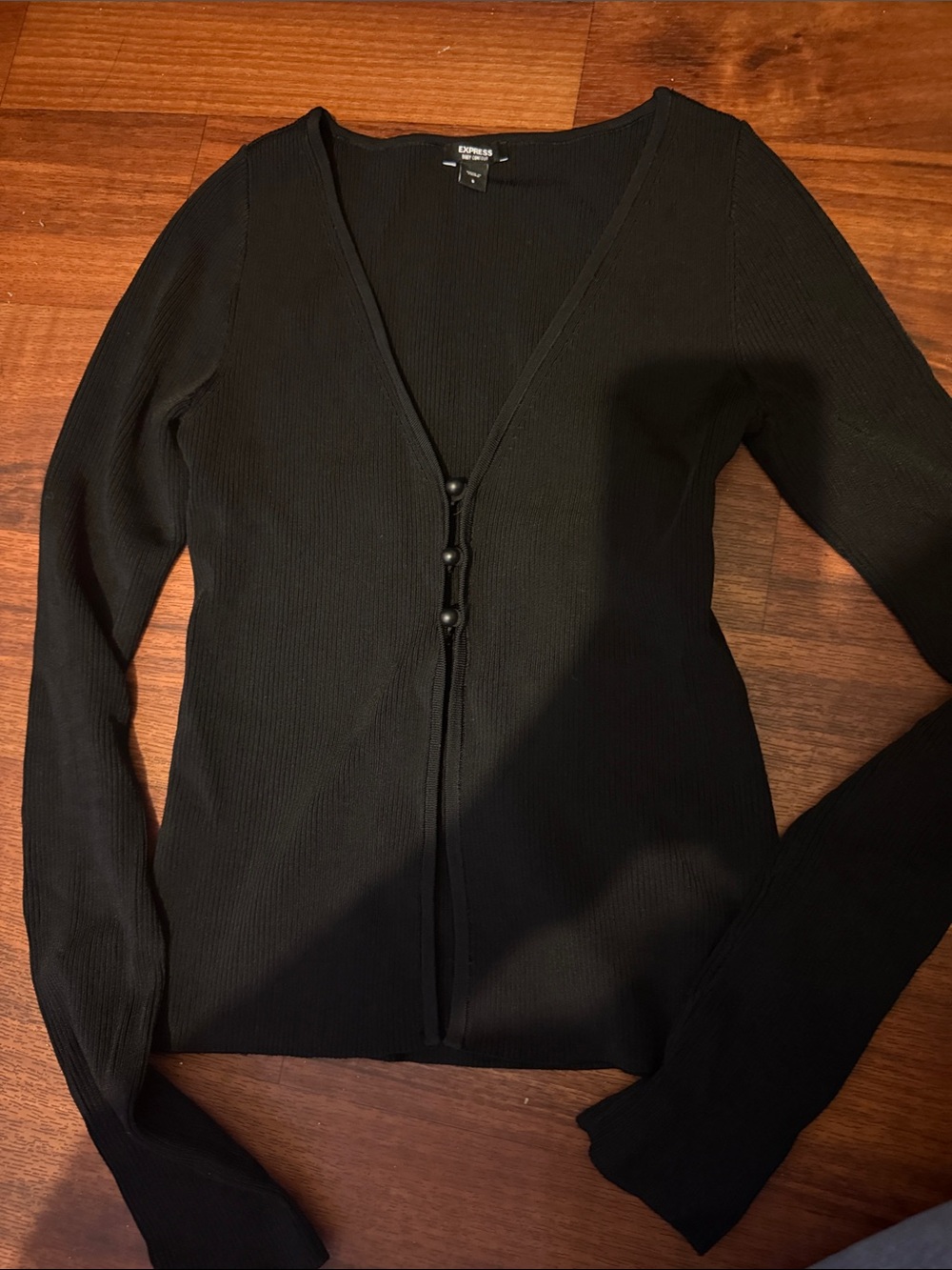 Express Black Ribbed V-Neck Button-Front Sweater
